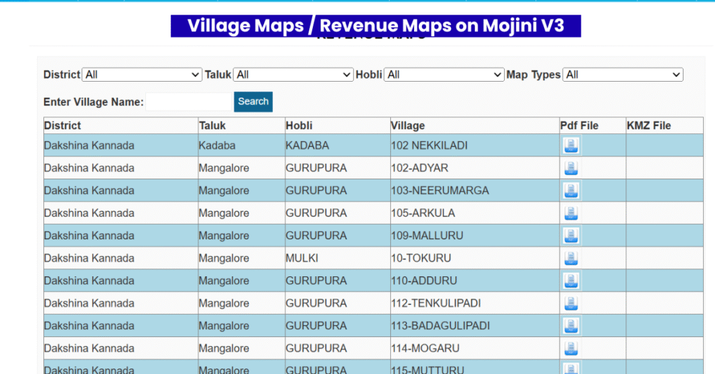 View Village Maps / Revenue Maps on Mojini V3